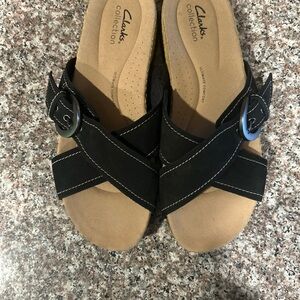 Clarks Collection Leather Slide Sandals Reileigh May Black Women’s Sz 9.5